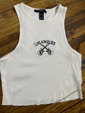 Forever 21 Cream Ribbed 'Los Angeles' Crossed Guitar Crop Tank